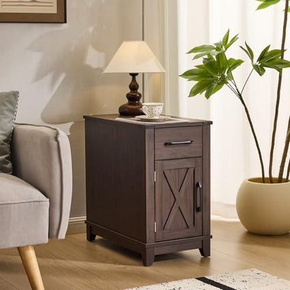 EROMMY Farmhouse End Table with Charging Station, Narrow Side Table for Living Room, Nightstand with Drawer and Storage Cabinet, Adjustable Shelf, Choco - color: Choco