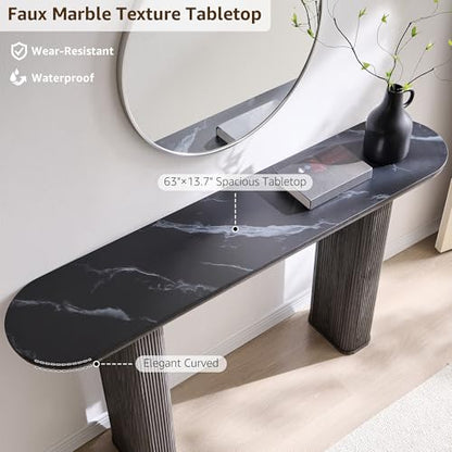OKD 63" Modern Fluted Console Table, Narrow Entryway Table, Dark Alder | Modern Fluted Wood Base, Curved Faux Marble-Texture Top, Entryway, Hallway, Foyer, Behind Sofa - color: Dark Alder