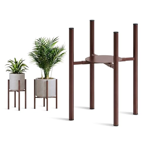 Adjustable Metal Plant Stand Indoor, Fits 8-14 Inch Pots, Mid Century Modern Planter Holder,2 Heights, Heavy Duty 160 lb, Indoor Outdoor Corner Floor Pot Stand, Coffee with Round Plate - color: coffee-b