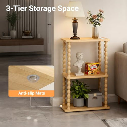 ELYKEN Narrow Side Table with Charging Station, 3-Tier Skinny Bedside Table | Small End Tables Living Room with USB Port and Outlet, Nightstands with Storage Shelf for Bedroom - color: Natural