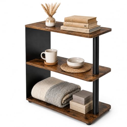 3-Tier Narrow End Table, Industrial Slim Side Table for Small Spaces, Sofa Couch Table Accent Nightstand with Storage Shelves for Living Room, Bedroom, Rustic Brown - color: Rustic Brown
