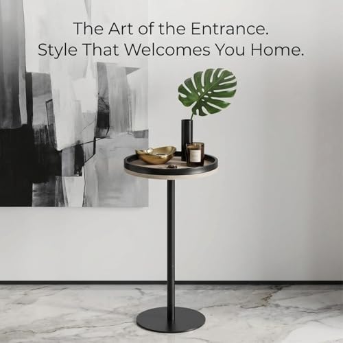 Oak Finish Martini Table, Small Round Drink Table, Modern Farmhouse Side Table with Tray Top, Metal Weighted Base End Table for Living Room,Small Spaces,Next to Sofa, 24.7" Tall - color: Oak