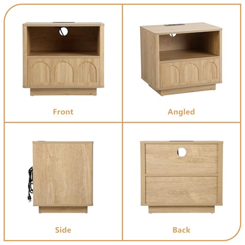 Accent Bed Side Table with Charging Station, Mid Century Modern Nightstand with Storage for Bedroom, Low Rectangle End Table with Drawer for Living Room Couch, Office, Samll Spaces - Natural - size: Natural-drawer