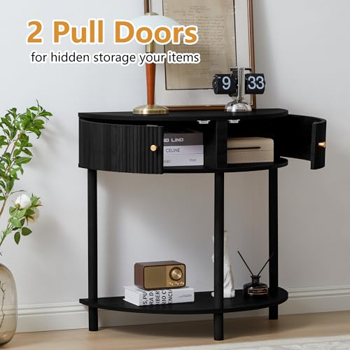 XUZENEST Fluted Half Moon Console Table, Modern Small Entry Table Sofa Table with Storage, Solid Wood Legs Narrow Entryway Table for Living Room, Hallway, Foyer(Black) - color: 31.5 Black
