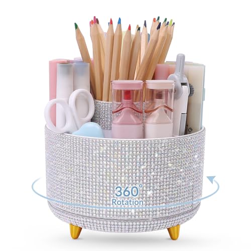 SKYDUE 360 Degree Rotating Desk Organizer, Shining Dual-Purpose Rhinestone Pencil Pen Holder, Rotating Desk Pen Organizer with 5 Slots, Rhinestone Pencil Cup for Office, School, Home - color: Crystal White_1Pack