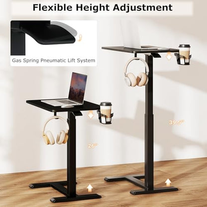 Tangkula Mobile Standing Desk, Pneumatic Height Adjustable Rolling Desk with Cup Holder & Headphone Hook, Overbed Table with Hidden Wheels, Laptop Computer Cart for Couch, Home, Office (Black) - color: Black