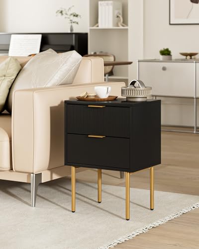 Nightstand,Small Bedside Table with Gold Frame,Black Night Stand,Bedside Furniture,Side Table with 2Drawers for Bedroom,Living Room - color: Black., style: 2Drawers