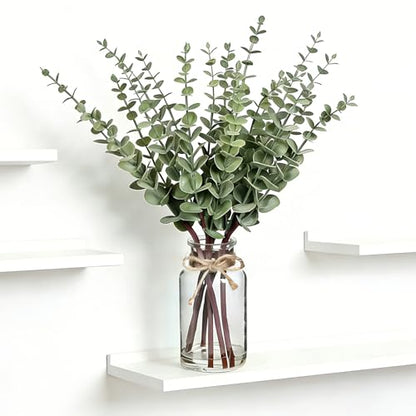 Artificial Eucalyptus Stems in Glass Vase with Faux Water, 17.5" Sage Green | Fake Plants for Home Decor, Bathroom, Coffee Table Centerpiece, Farmhouse Wedding, Faux Greenery Decorations, Office Decor