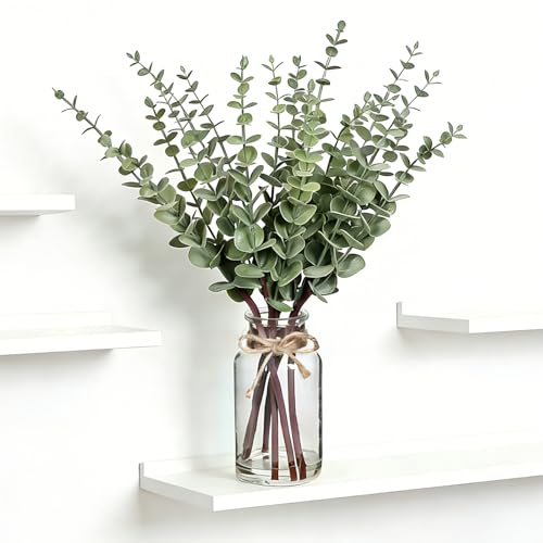 Artificial Eucalyptus Stems in Glass Vase with Faux Water, 17.5" Sage Green | Fake Plants for Home Decor, Bathroom, Coffee Table Centerpiece, Farmhouse Wedding, Faux Greenery Decorations, Office Decor