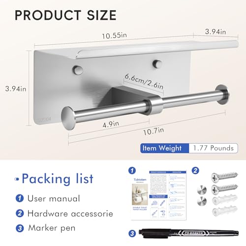 2 Pack Double Toilet Paper Holder with Shelf, Wall Mount Tissue Roll Holder for Bathroom, Heavy Duty 304 Stainless Steel Commercial Toilet Paper Dispenser with Phone Shelf - Brushed Nickel