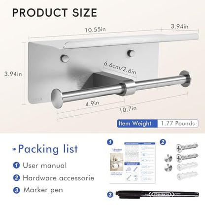 2 Pack Double Toilet Paper Holder with Shelf, Wall Mount Tissue Roll Holder for Bathroom, Heavy Duty 304 Stainless Steel Commercial Toilet Paper Dispenser with Phone Shelf - Brushed Nickel