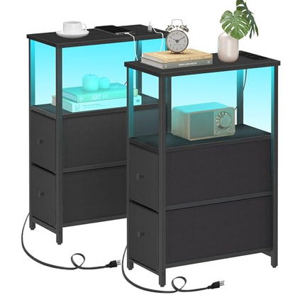 TUTOTAK Small Narrow LED End Table with Charging Station, Side Table Outlets, Nightstand with 2 Cloth Drawers, Set of 2, Couch Table, for Living Room, Bedroom, Bedside, Black TB01BK056 - color: Black, style: 2 Drawers with Plug & Light