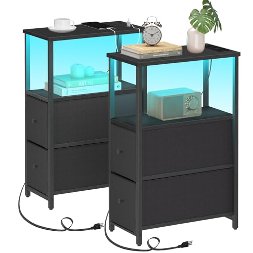 TUTOTAK Small Narrow LED End Table with Charging Station, Side Table Outlets, Nightstand with 2 Cloth Drawers, Set of 2, Couch Table, for Living Room, Bedroom, Bedside, Black TB01BK056 - color: Black, style: 2 Drawers with Plug & Light
