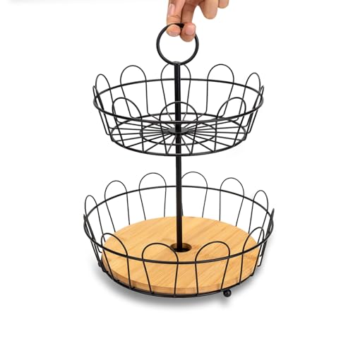 HANZE 2-Tier Farmhouse Fruit Basket Stand, Wire Fruit Vegetables Countertop Storage Rack, Multifunctional Detachable Bread Snack Holder Bowl for Kitchen and Bathroom Organization - Black - color: 2-Tier(Black)