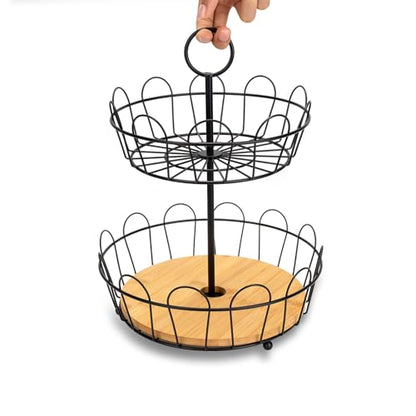 HANZE 2-Tier Farmhouse Fruit Basket Stand, Wire Fruit Vegetables Countertop Storage Rack, Multifunctional Detachable Bread Snack Holder Bowl for Kitchen and Bathroom Organization - Black - color: 2-Tier(Black)
