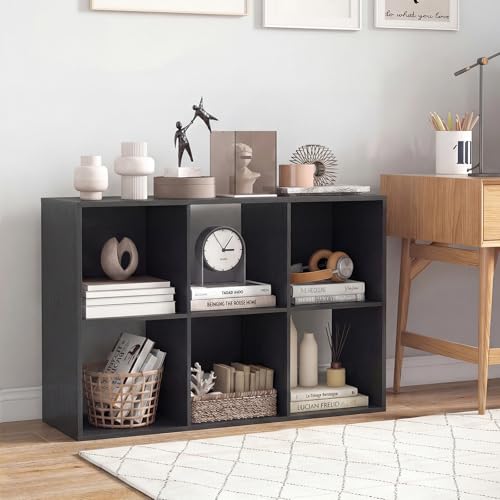 6 Cube Storage Organizer, Small Bookshelf for Small Space, 2-Tier Bookcase with Open Back, Wooden Display Shelf for Bedroom, Living Room - color: Black, size: 6-Cube