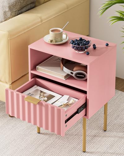 Night Stand,Modern Bedside Table with Drawer and Shelf,Pink Night Stand with Gold Frame,Small Side Table for Bedroom,Living Room - color: Pink