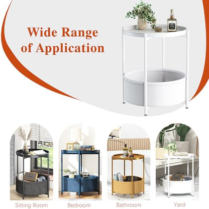 Garden 4 you Side Table with Fabric Storage Basket, Round Metal End Table, Small Bedside Table Nightstand with Removable Tray, for Nursery, Living Room, Bedroom, Bathroom, White - color: White