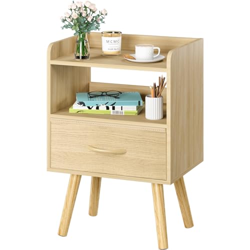 Yoobure Modern Nightstand with Fabric Drawer, Bedside Tables, Mid Century Nightstand with Open Storage Shelf, Wood Bedside Table, Small Night Stands for Bedrooms, 2-Tier Night Table - color: Natural