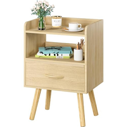 Yoobure Modern Nightstand with Fabric Drawer, Bedside Tables, Mid Century Nightstand with Open Storage Shelf, Wood Bedside Table, Small Night Stands for Bedrooms, 2-Tier Night Table - color: Natural