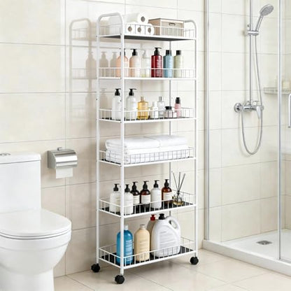 10in 6 Tier Slim Storage Cart with Wheels,White Narrow Space Rolling Shelving Unit, Metal Wire Mobile Organizer Rack for Kitchen Bathroom Office Laundry - size: 10in White