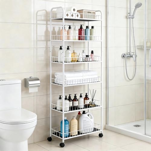 10in 6 Tier Slim Storage Cart with Wheels,White Narrow Space Rolling Shelving Unit, Metal Wire Mobile Organizer Rack for Kitchen Bathroom Office Laundry - size: 10in White
