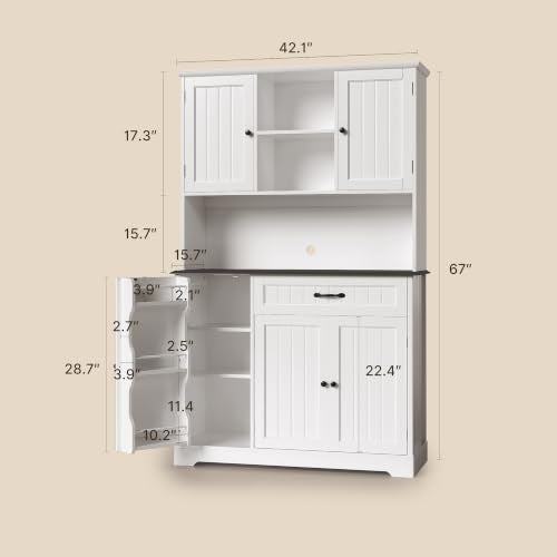 Gizoon Kitchen Pantry Cabinet with Microwave Shelf Tall Coffee Bar Cabinet with Doors and Shelves Farmhouse Kitchen Hutch with Storage for Dining Room and Craft Room, Painted White and Black - color: White and Black