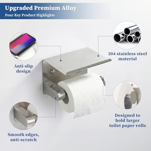 Brushed Nickel Toilet Paper Holder Wall Mount, Fits Rolls Size Sliver Toilet Paper Holder with Shelf, Rustproof Stainless Steel Toilet Paper Roll Holder, Toilet Tissue Holder for Bathroom - color: Silver