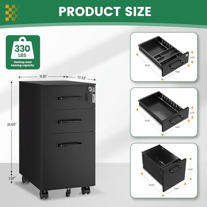 3 Drawer Slim File Cabinet, Mobile Filing Cabinet with Lock,Black Rolling Narrow File Cabinets with Casters, Under Desk Office Cabinets for Home Office,Fit A4/Letter/Legal(Unassembled) - color: Black, size: 11.8"W x 23.6"H x 17.7"D
