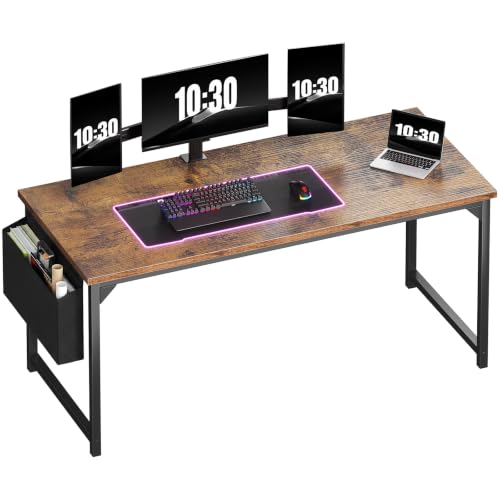 OLIXIS Computer Desk, 63 Inch Gaming Desks for Home Office Small Spaces | Writing Study Craft Work Table, Computer Workstation for Bedroom with Storage Bag, Rustic Brown - color: Brown Table Top &Black Legs, size: 63 Inch