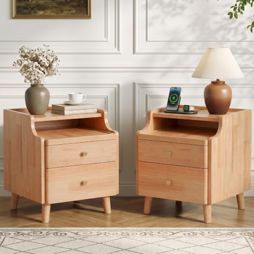 Nightstand Set of 2, Pre-Assembled, 19.7“H Solid Wood Night Stand with 2 Drawers, Open Sliding Shelf, Mid Century Modern Small Bedside Table for Bedroom, Natural Oak 16" - color: Oak-2pack, size: 16"