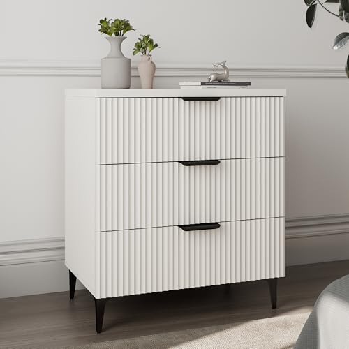 25.6" W Fluted Nightstand with 3 Drawer, Modern Wood Night Stands | Bedside Table for Bedroom King/Queen Bed, End Table with Robot-friendly Legs for Living Room,Entry - color: 3 Drawers-1pcs-white