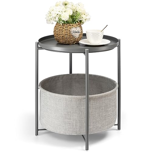 danpinera Round Side Table with Fabric Storage Basket,Small Sofa Table | Metal End Stand for Small Space, Living Room, Bedroom, Nursery, Laundry, Modern Nightstand with Removable Serving Tray, Gray - color: Grey