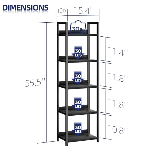 NUMENN Narrow Bookshelf, 5 Tier Bookshelves, Home Office Bookcase Shelf Storage Organizer, Free Standing Storage Shelving Unit for Bedroom, Living Room and Home Office, Black | Open Storage Bookcase, Home Office Display Shelf Organizer for Bedroom&Living