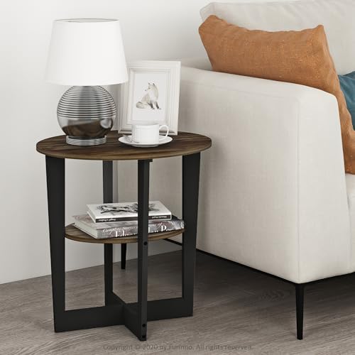 Furinno JAYA Side Table Set of 2, 2-Tier Round Modern End Table with Oval Tabletop, Night Stand, Bedside Table with Open Shelf, for Living Room, Bedroom, Columbia Walnut - color: Columbia Walnut/Black, size: 2-Pack, 2 Tiers, Oval Panel