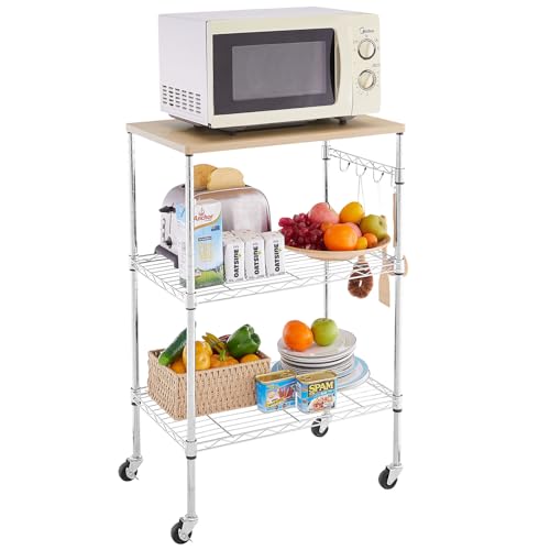 BolDuck 450Lbs Capacity Microwave Cart with Wheels, 3 Tier Rolling Cart with Adjustable Shelves, Multifunctional Metal Utility Storage Kitchen Carts on Wheels, 23.6" L*15.7" W*37" H, Wood+Chrome - size: 23.6"L*15.7"W*37"H with Adjustable Shelves