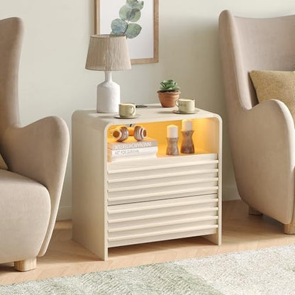 Fameill Fluted Nightstands,Nightstand with Charging Station,LED Night Stand with Two Drawers,Bedside Table with USB Ports and Outlets,Modern End Table for Bedroom (White) - color: White