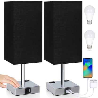 Set of 2 Bedside Table Lamp 3 Way Dimmable Nightstand Lamp with USB C & USB A Charging Port, 2 AC Outlets, 3000K LED Bulbs (Black) - color: Black