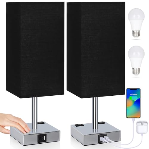 Set of 2 Bedside Table Lamp 3 Way Dimmable Nightstand Lamp with USB C & USB A Charging Port, 2 AC Outlets, 3000K LED Bulbs (Black) - color: Black