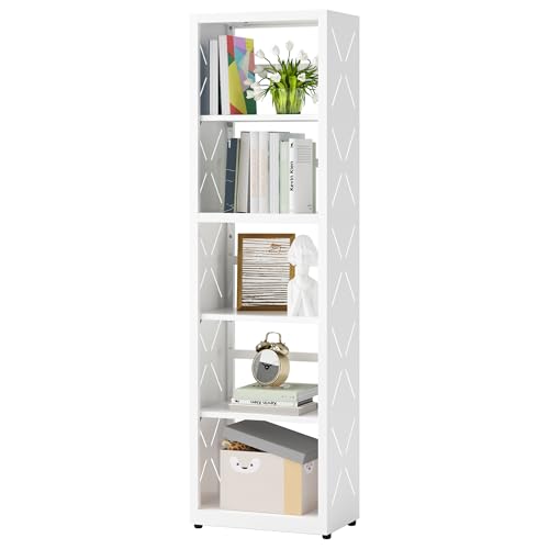 SteeLoong Narrow Bookshelf,5 Tier Bookcase,55" White Metal Small Bookshelf with Adjustable Feet and Adjustable Shelves,Home Office Bookcase Shelf Storage Organizer for Living Room、Kitchen - color: White, size: 5-Tier 16"W
