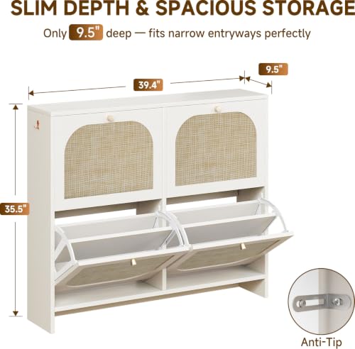 Freestanding Ultra Slim Arched Rattan Accent Shoe Storage Cabinet for Entryway - 4 Flip Drawers & 3-Tier Adjustable Shelves, Farmhouse Modern Rustic Shoe Rack for Hallway Foyer,Cloud White - color: Cloud White