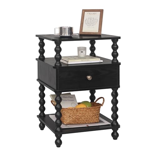 AWASEN Black Nightstand, Bed Side Table Bedroom with Drawer, 3-Tier Small Night Stand End Table with Storage for Small Spaces &Solid Wood Spindle Legs, Black - color: Black