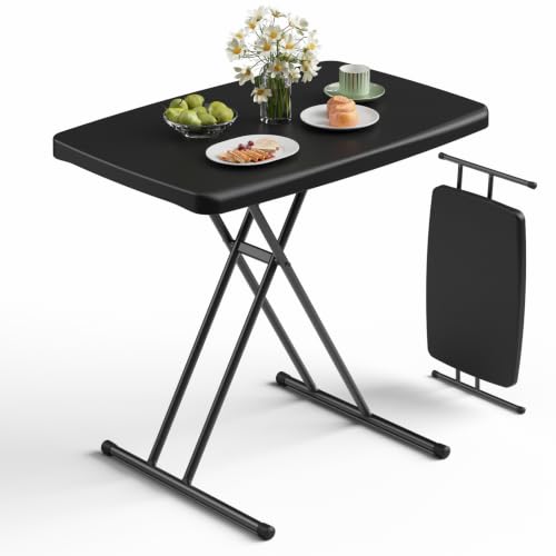Folding Table 30 Inch - Small Desk Adjustable Height TV Tray for Laptop, Couch, Camping - Heavy Duty Utility Foldable Table for Small Spaces, No Assembly Required, Snowy Granite (Black) - color: Black, size: 30in