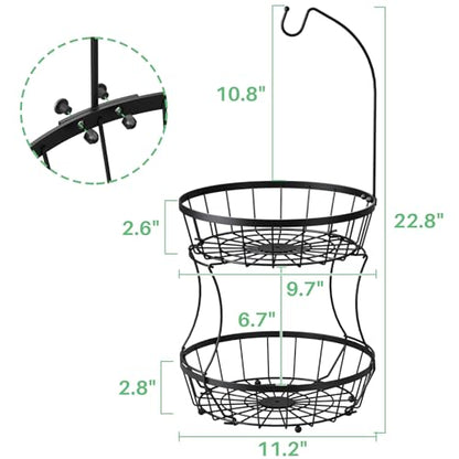SAYZH 2-Tier Fruit Basket Bowl Stackable Vegetable Storage with Banana Tree Hanger Stand for Kitchen Countertop, Metal Wire Basket for Bread Onions Potatoes (Black)