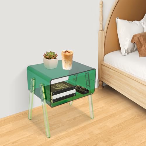 Acrylic Side Table, 2-Tier End Table with Open Storage for Small Spaces, Green Modern Nightstand for Bedroom, Living Room, Apartment - color: Green