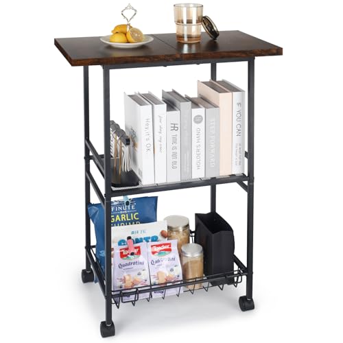 Industrial Kitchen Cart with Rustic Wood Top, Rolling Storage Utility Table, Black Metal Frame, Mesh Basket, Mobile Workstation with Wheels (23.6" D x 12.2" W x 33.1" H)