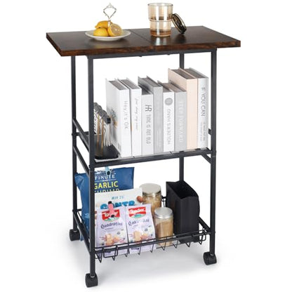 Industrial Kitchen Cart with Rustic Wood Top, Rolling Storage Utility Table, Black Metal Frame, Mesh Basket, Mobile Workstation with Wheels (23.6" D x 12.2" W x 33.1" H)