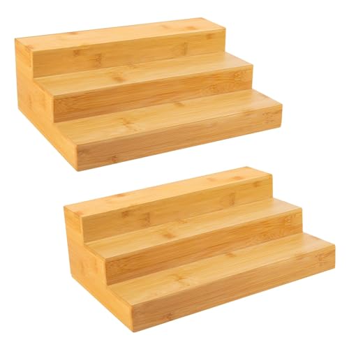 Bamboo Spice Rack Organizer for Cabinet 2 Pack - 3 Tier Countertop Step Shelf, Seasoning Storage Stand for Kitchen Pantry, Spice Holder for Jars Bottles Cans (Natural) - color: Natural - 2 Pack