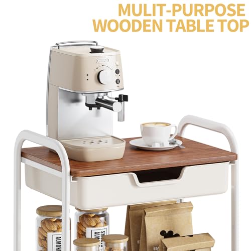 TOOLF 3 Tier Metal Utility Rolling Cart - White Storage Cart with Drawer and Wooden Table Top, Trolley Kitchen Organizer Rolling Desk with Locking Wheels for Office, Classroom, Home, Bedroom - color: White