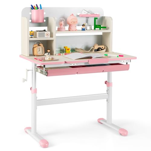 Costzon Kids Study Desk, Height Adjustable Children School Desk with Storage, Tilt Desktop, Pen Holder & Scale Ruler, Student Computer Desk Writing Table for Home School Use, Desk for Kids (Pink) - color: Pink, size: 31.5" x 20" x 34.5"-43.5"